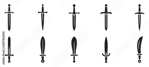 Set of medieval sword icons featuring sharp blades and intricate hilts on transparent backdrop.