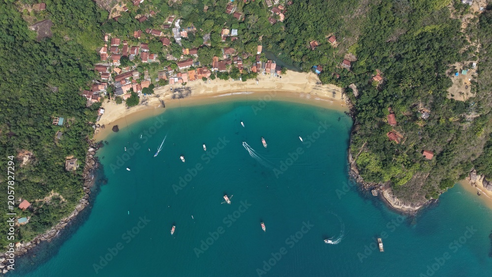 Fototapeta premium Aerial View of Pouso da Cajaíba Beach and Atlantic Forest, Brazil | Vista Aérea da Praia do Pouso da Cajaíba e Mata Atlântica, Brasil