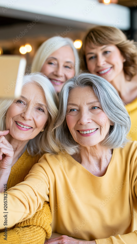 Fototapeta premium Four senior women smiling together taking a selfie in a cozy cafe
