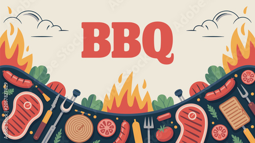 Outdoor barbecue party invitation background featuring grilled steak sausages tomatoes and flames with bold red bbq text in the center.