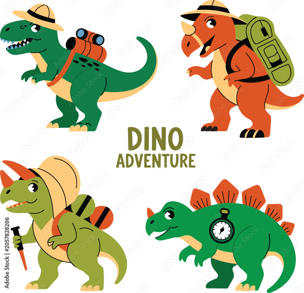 Naklejka premium Cute Dinosaur Adventure Characters Set with Explorer Theme Backpack Safari Hat and Cartoon Vector Design
