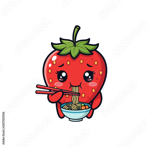 Cute Strawberry Character Eating Noodles with Chopsticks.