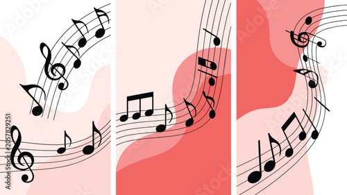 Set of three vertical banners with flowing black musical notes on wavy red and pink backgrounds for music events or festivals.