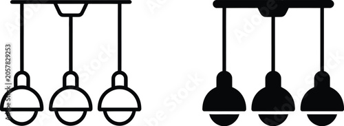 Tableau sur toile Hanging ceiling lamp icons showing outline and silhouette versions of modern triple pendant light fixtures isolated on white background