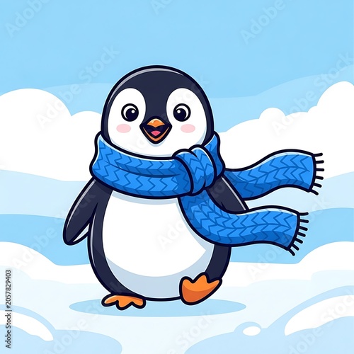 Happy cartoon penguin sliding on ice surface.
