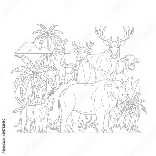 Detailed line art of wild animals in a jungle setting.