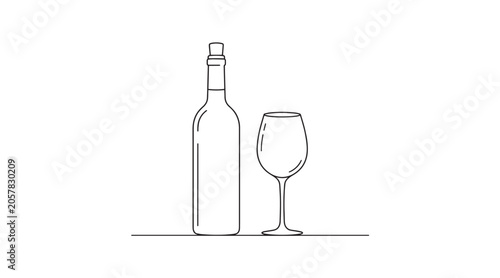 Wine Bottle and Glass Line Art Illustration Beverage Alcohol Concept