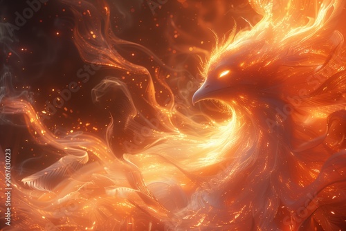 Majestic phoenix formed from glowing flames and flowing light. AI-generated.