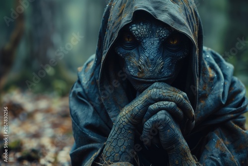 Hooded reptilian humanoid with intense gaze in forest. AI-generated.