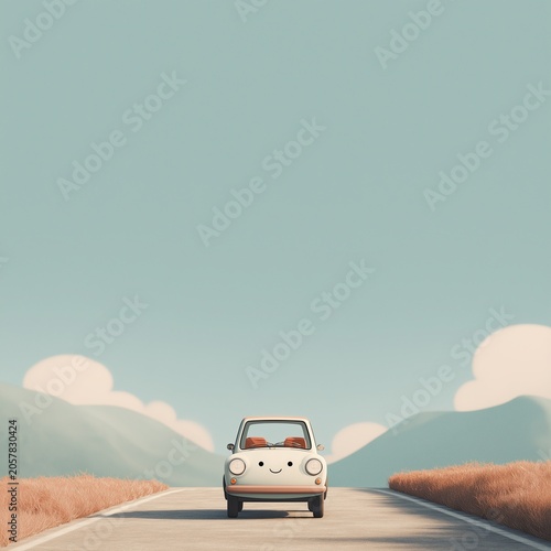 Friendly smiling cartoon car on a simple road. AI-generated.