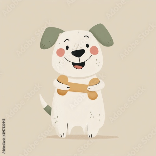 Cute smiling dog holding a bone illustration. AI-generated.