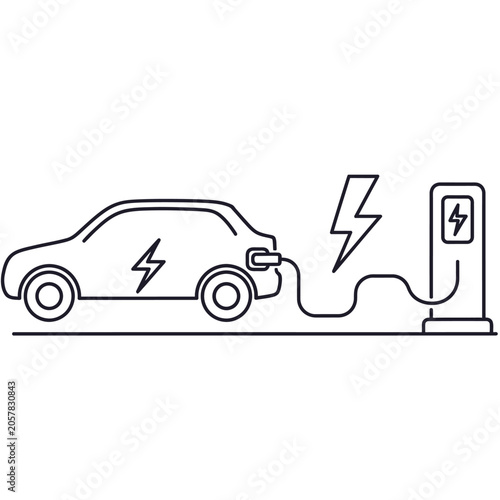 Electric car charging at station with lightning bolt symbol.