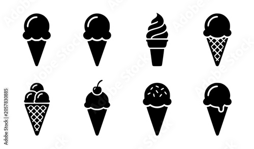 Foto Minimalist black silhouette icon set of different ice cream cones and popsicles