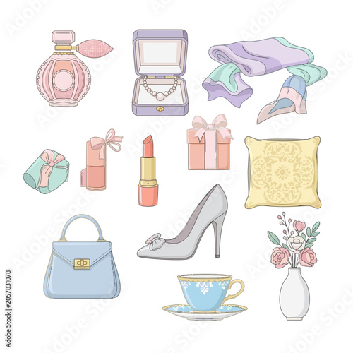 Feminine Lifestyle Illustration with Fashion and Beauty Items.