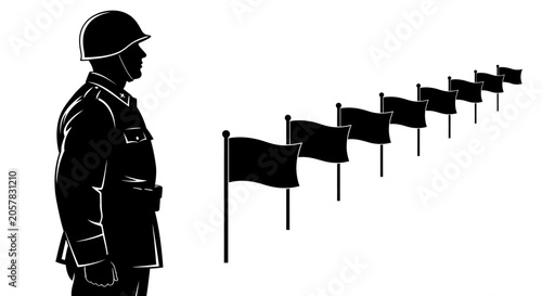Tablou pe pânză Soldier standing at attention with a row of flags