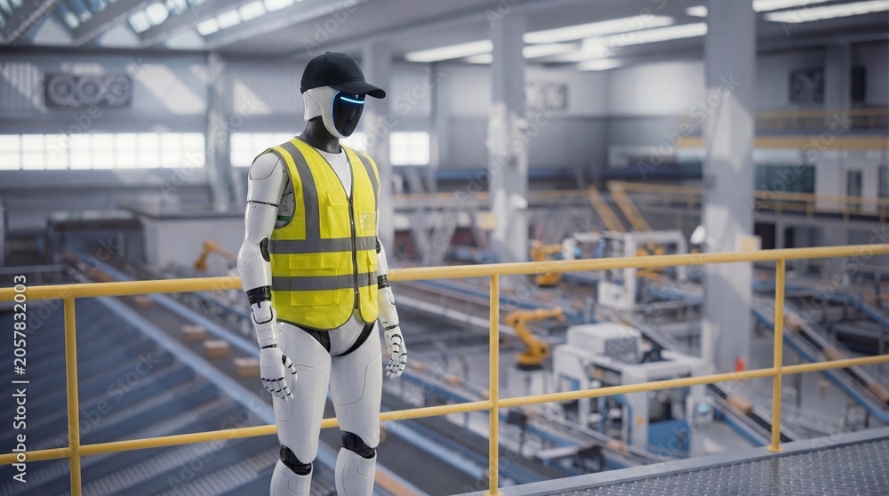 Fototapeta premium Humanoid robot wearing safety vest standing on platform overlooking factory warehouse 3d render