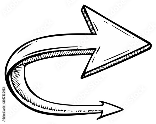 Hand drawn curved arrow symbol turning back in a sketch doodle illustration