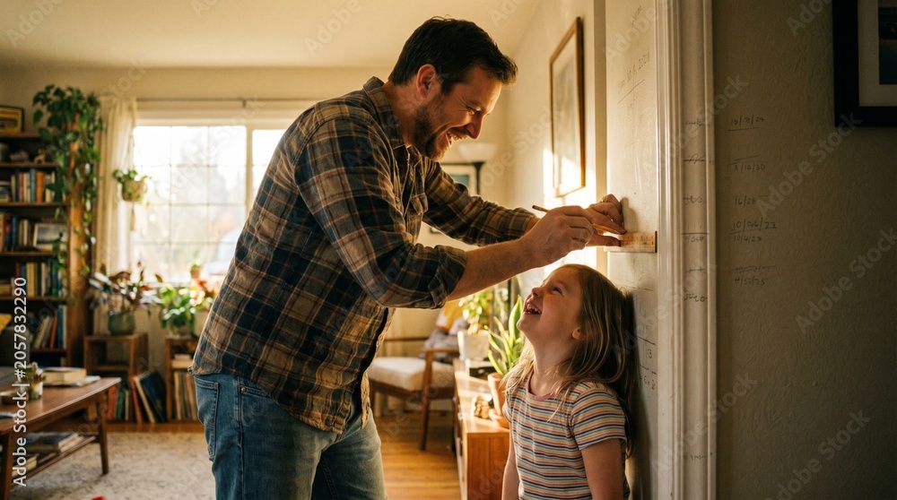 Fototapeta premium A loving father measures his young daughter's height against a sunlit wall at home, capturing a heartwarming moment of growth and family bonding.