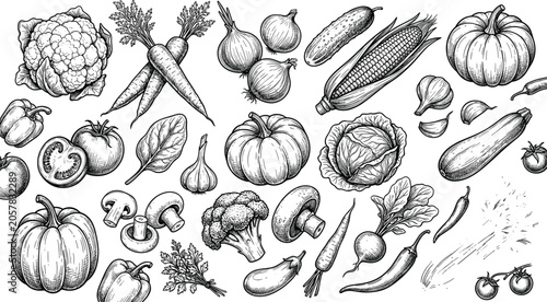 Hand Drawn Vegetable Sketch Vector Collection with Pumpkin, Tomato, Mushroom, Broccoli, Carrot, and Corn for Vintage Healthy Food Menu Designs