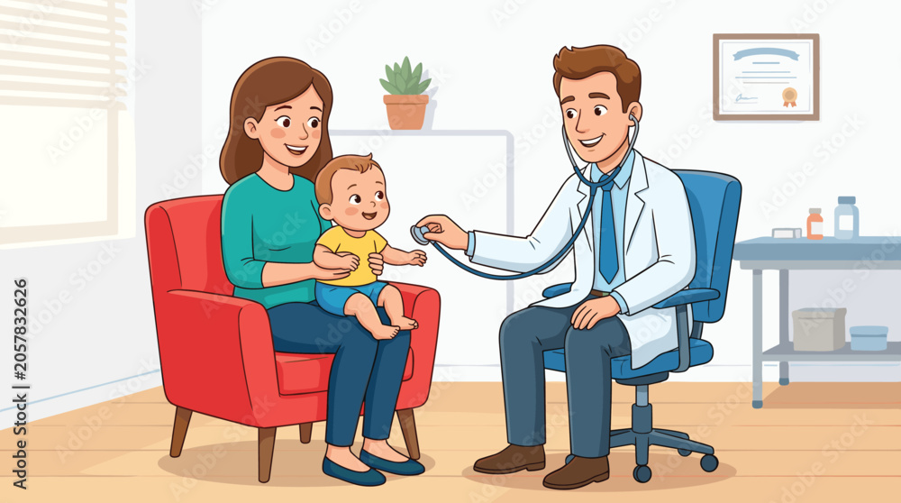 Obraz premium Pediatrician Examining Cute Baby with Stethoscope in Clinic Office While Mother Sits Smiling for Healthcare Medical Care and Checkup Illustration