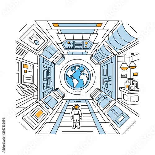 Futuristic Space Station Interior with Astronaut and Earth View.