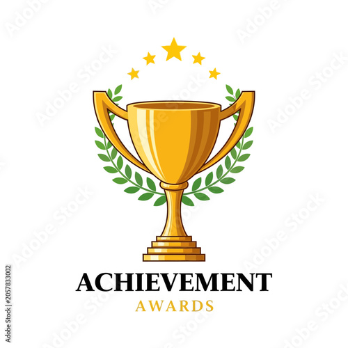 Golden trophy with laurel wreath and stars for achievement awards.