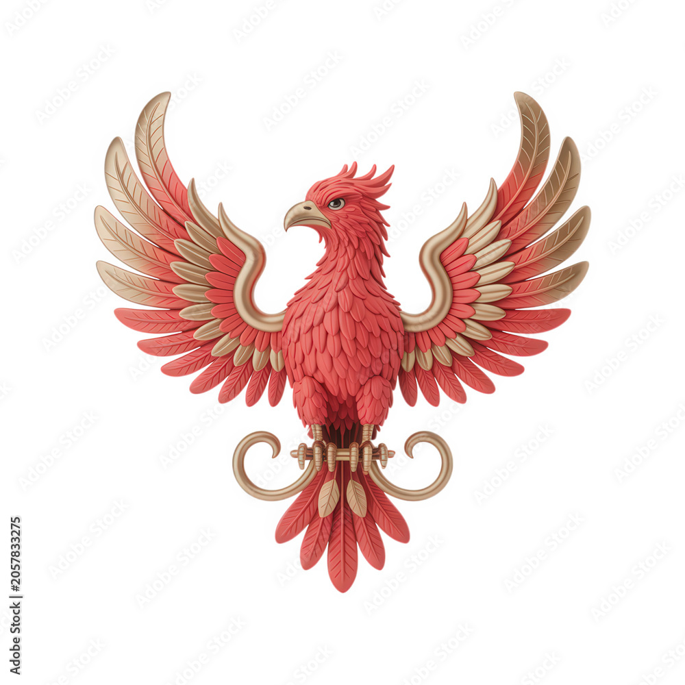 Obraz premium A majestic phoenix bird spreads its vibrant red and gold wings in mid-flight outdoors.