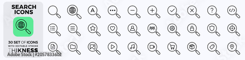 Foto Search icon set in line art style, representing various search functions and element collections, perfect for web design and digital interfaces