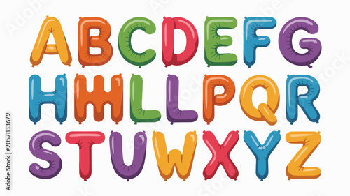 Full set of colorful inflatable balloon letters of the alphabet from a to z for festive birthday and celebration decorations.