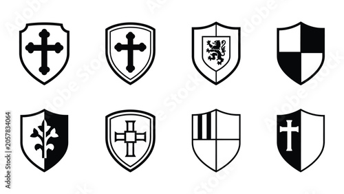 Obraz na plátně Medieval heraldic shields, black and white silhouette emblems, classic coat of arms symbols, vintage knight insignia set, vector illustration design