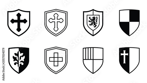 Εκτύπωση καμβά Medieval heraldic shields, black and white silhouette emblems, classic coat of arms symbols, vintage knight insignia set, vector illustration design