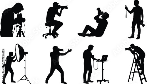 Εκτύπωση καμβά Professional studio photographer and creative videographer silhouette icons set