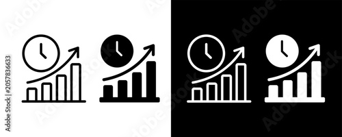 Business Growth and Time Management Icon Set, Analytics Performance Chart with Clock, Outline and Solid Vector Icons, business growth, time management, analytics, performance