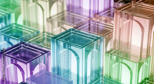Abstract 3d render of translucent glass cubes with archway cutouts in a vibrant gradient color palette
