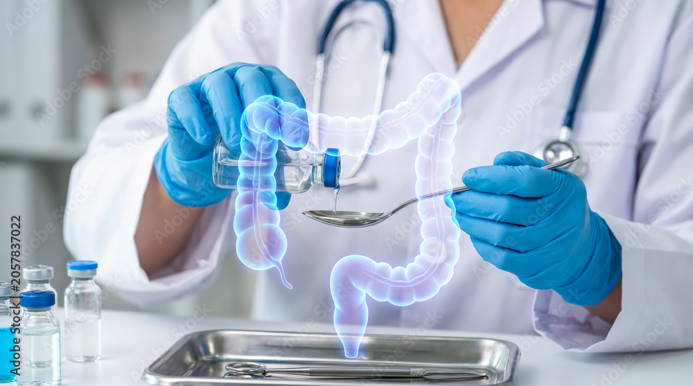 Fototapeta premium Doctor pouring medicine into a spoon with a 3d hologram of the human colon, representing digestive health