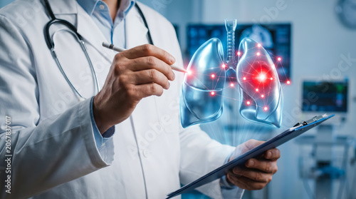 Doctor analyzing a digital 3d hologram of human lungs with a glowing infection point in a modern medical clinic