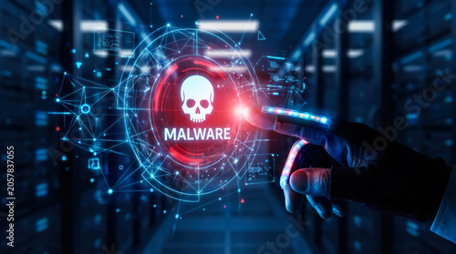 Cybersecurity concept with a digital interface showing a malware warning icon and a gloved hand touching it