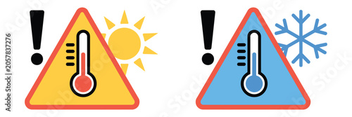 Extreme temperature warning, weather safety symbols, heat cold risk, thermometer sun snowflake elements, climate alert vector illustration.