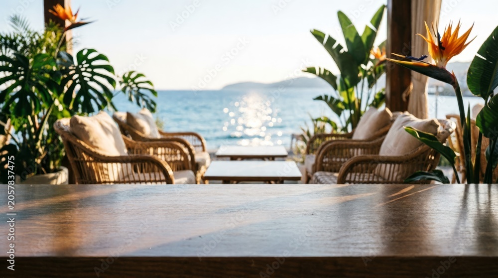 Fototapeta premium Coastal Outdoor Seating with Ocean View for Relaxation Concept