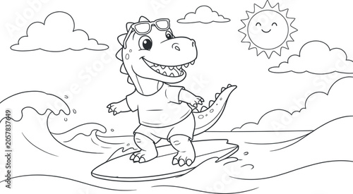 Dinosaur Surfing On Waves Black And White Vector Illustration