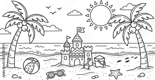 Tropical Beach Scene With Sandcastle Palm Trees And Ocean Waves