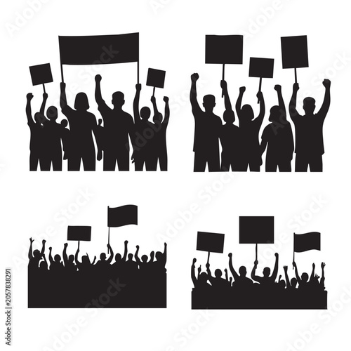 Group of protest demo people are holding up signs and flags