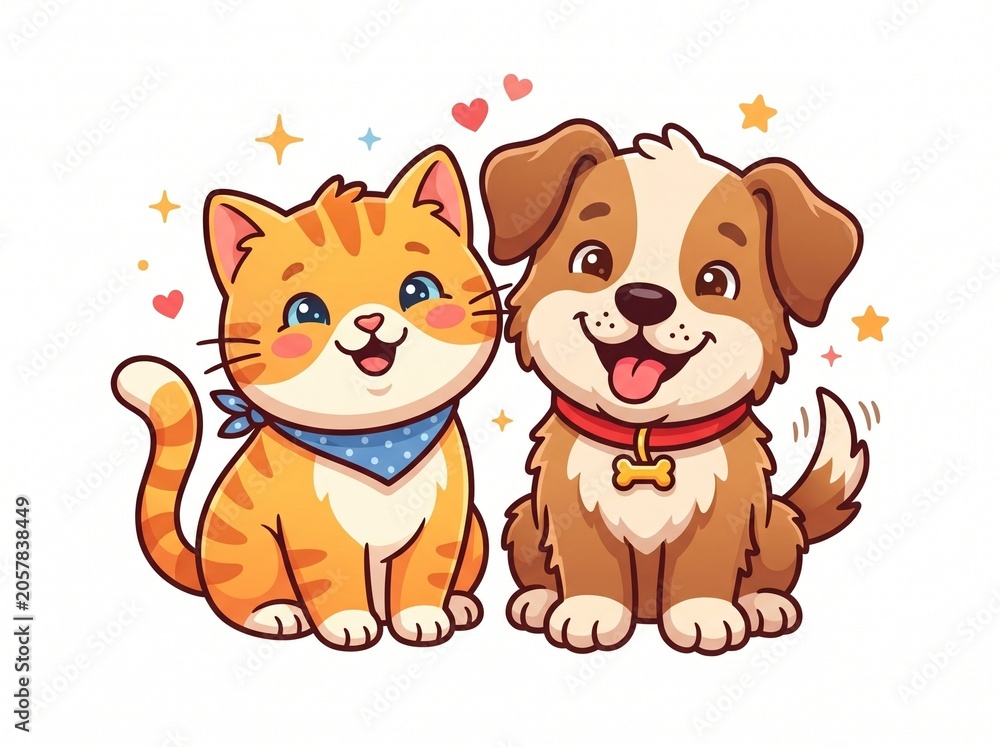 Fototapeta premium Cute cartoon cat and dog best friends with heart decorations, illustration