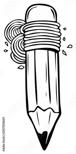 Hand drawn pencil with swirling ink splashes and eraser detail cartoon style