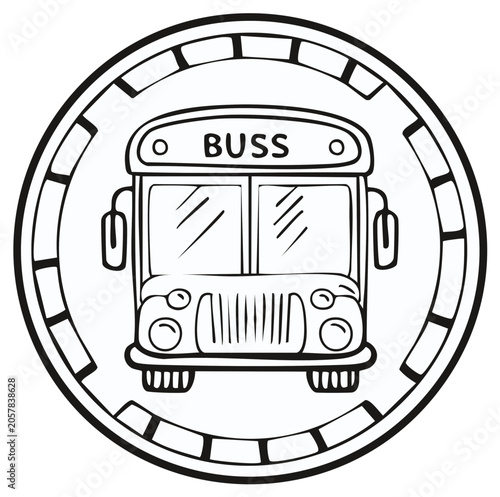 Cartoon Style School Bus Inside Coin Illustration Black and White Line Art Icon Design