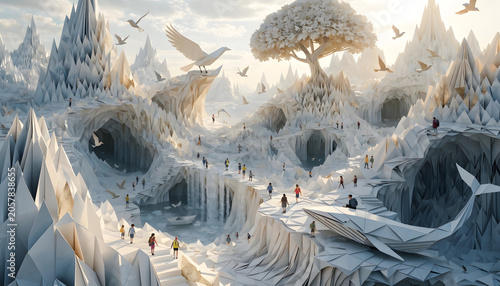 Surreal white fantasy landscape with people and birds