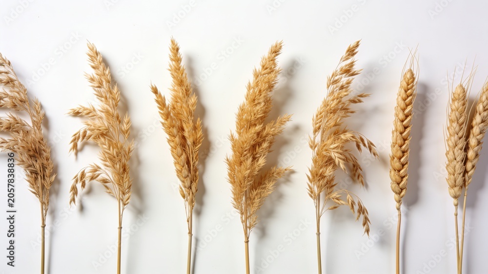 Fototapeta premium Dried cereal crop ears arranged on a light background with agriculture, isolated