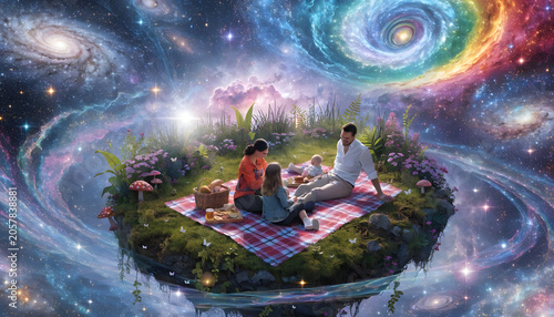 Family picnic on floating island in cosmic galaxy scene