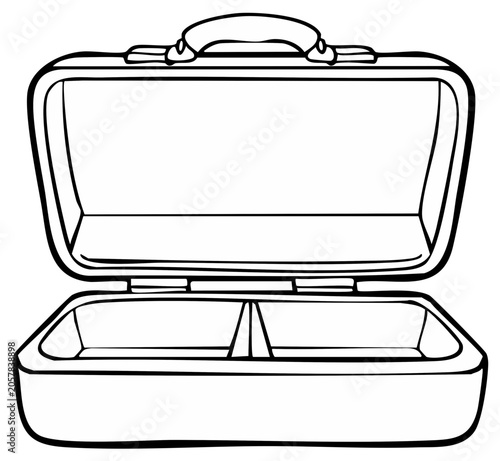 Open lunchbox cartoon style outline drawing with handle and compartments