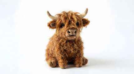fuzzy needle felted highland cow handcrafted wool miniature farm animal stock photo